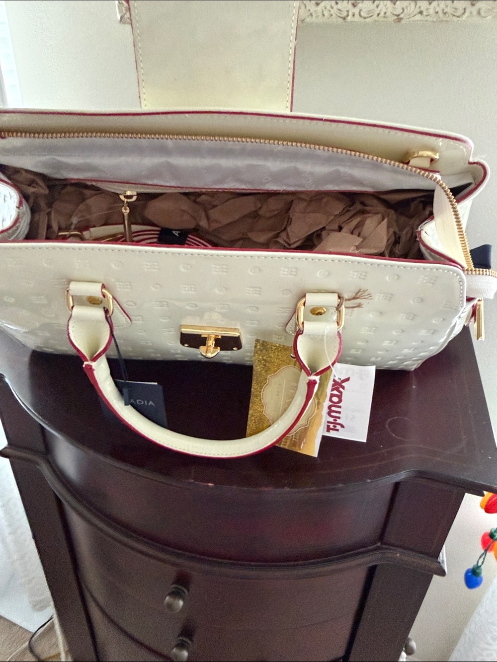 Arcadia White Embossed Leather Satchel with Gold Hardware - Picture 6 of 6